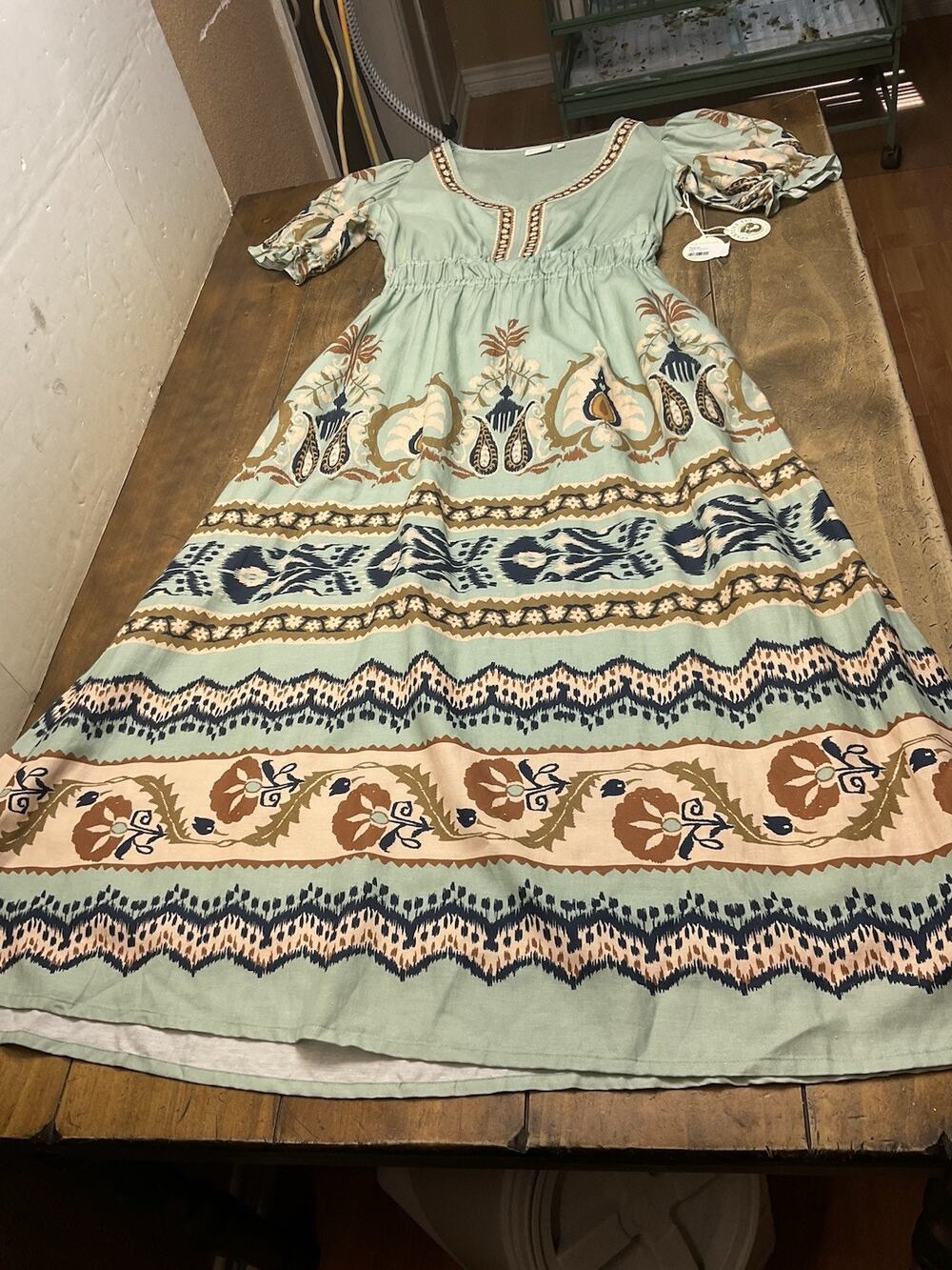 Spartina 449 Valerie Midi Dress Women Small Sea Foam Green Ikat Palm Boho NWT